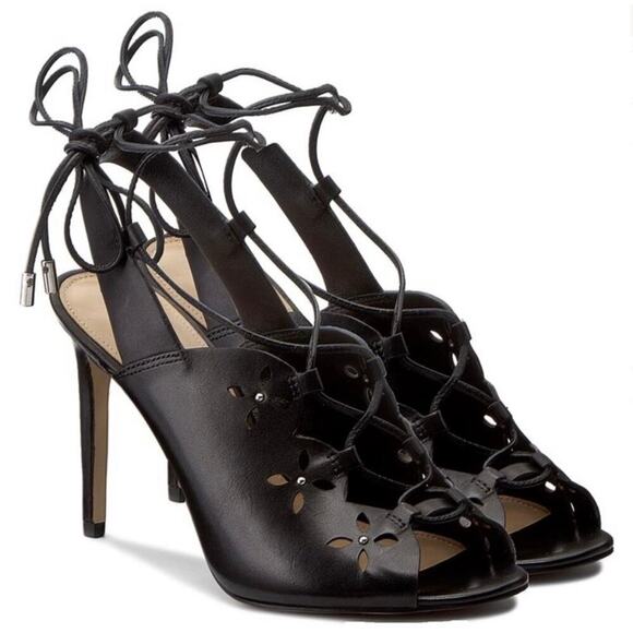 Michael Kors Black Heels Thalia Ankle Wrap Strappy Pump Stiletto Open Toe 7.5 38 - Picture 1 of 13